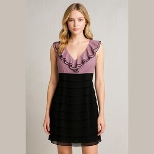 SL FASHIONS Women's Dress 8 Black Lavender Ruffle Tiered Sleeveless Party